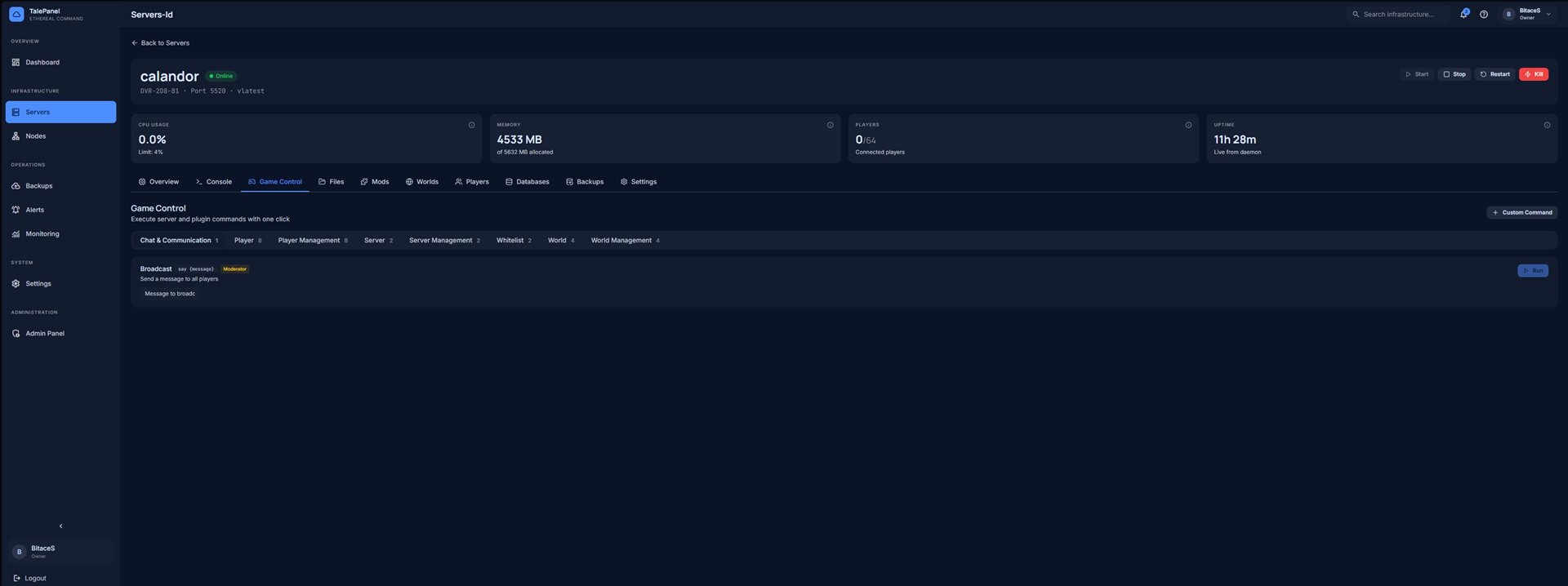 Server view: CPU, memory, players, uptime, with tabs for console, game control, files, mods, worlds, players, databases and backups